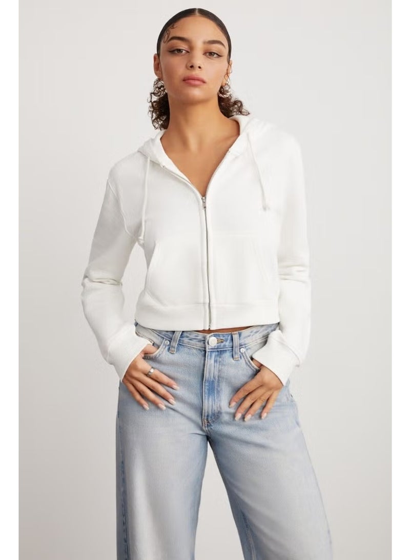 GRIMELANGE Delia Women's Crop 3 Yarn Raised Knit Relaxed Fit Zippered Hooded White Sweatshirt - Image 1